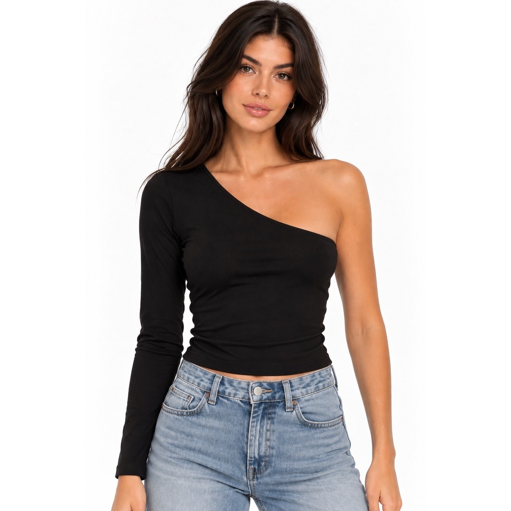 Cotton On Black Asymmetrical One Shoulder Long Sleeve Top Size S